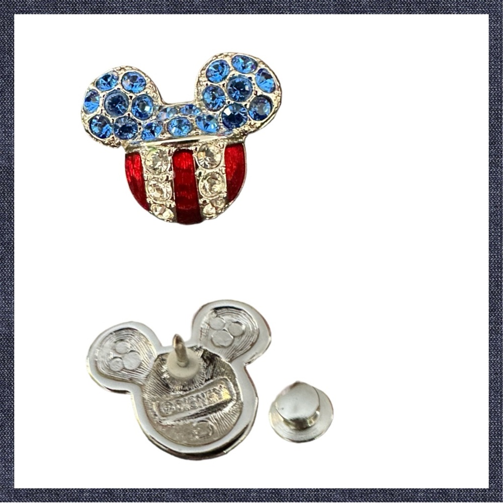 Patriotic Mickey Mouse Tac Pin. Marked SWAROVSKI and DISNEY. Silver Tone.  1”x1”